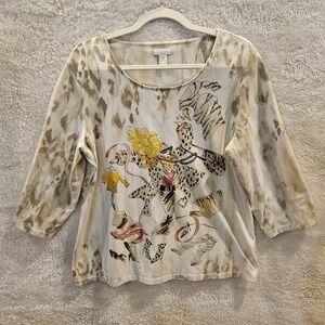 Chicos Sz 3‎ (L) Beige Bedazzled Shopaholic Graphic Print 3/4 Sleeve Top  #494